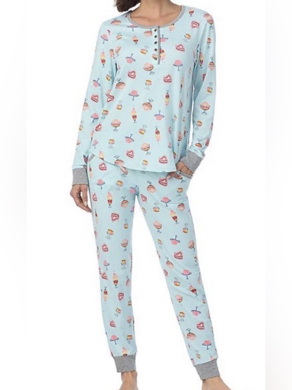 Cuddl Duds Desserts Pajama Set Blue Henley Jogger Pants Cake & Ice Cream Sz 2XL